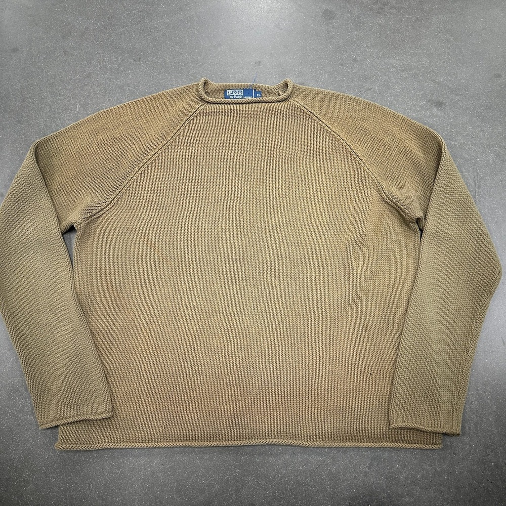 Polo Ralph Lauren Mens XL Cotton Rib Knit Raglan Sweater Olive Drab Khaki Brown